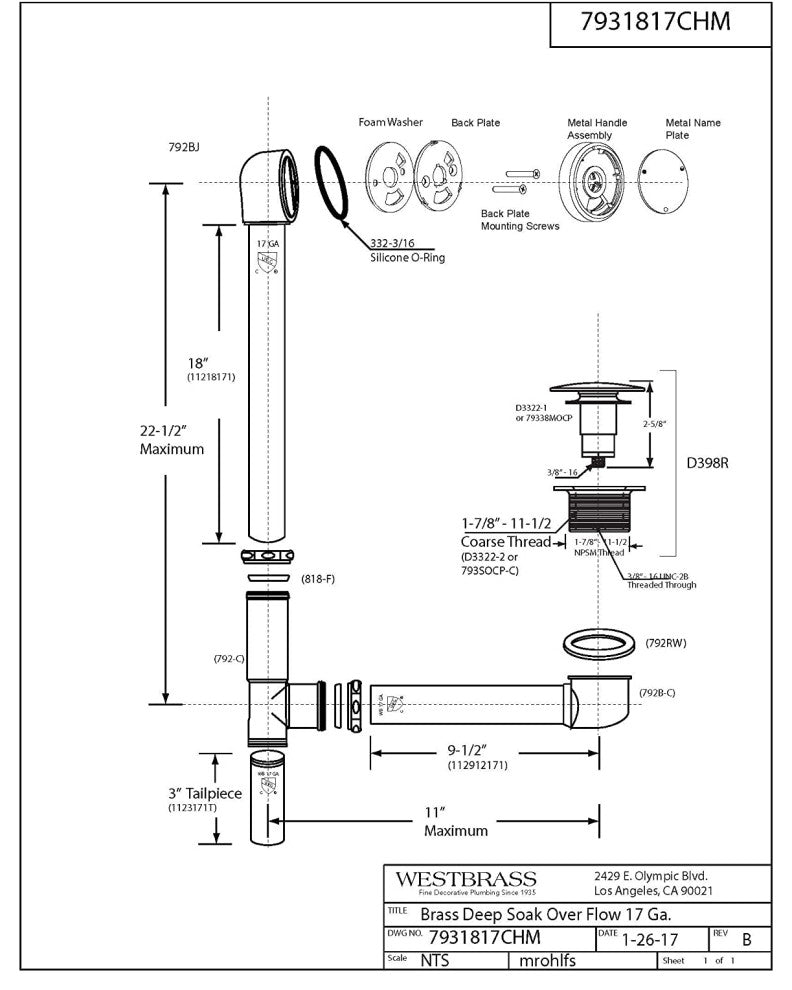Patented Deep Soak Closing Overflow, ADA Approved Tip-Toe Drain, Polished Nickel