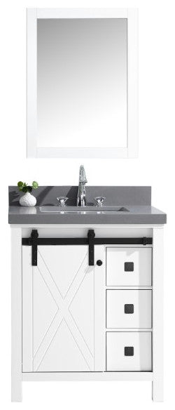 Marsyas Veluti 30" Single Vanity Cabinet Gray Quartz Top Sink, 28" Wall Mirror