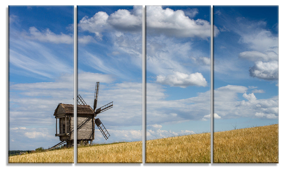 "Cloudy Sky And Windmill Summer Day" Landscape Wall Art, 4 Panels, 48"x28"