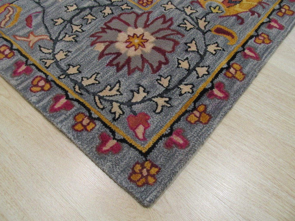 EORC Hand-tufted Wool Blue Transitional Floral Paisley Rug, Round 6''