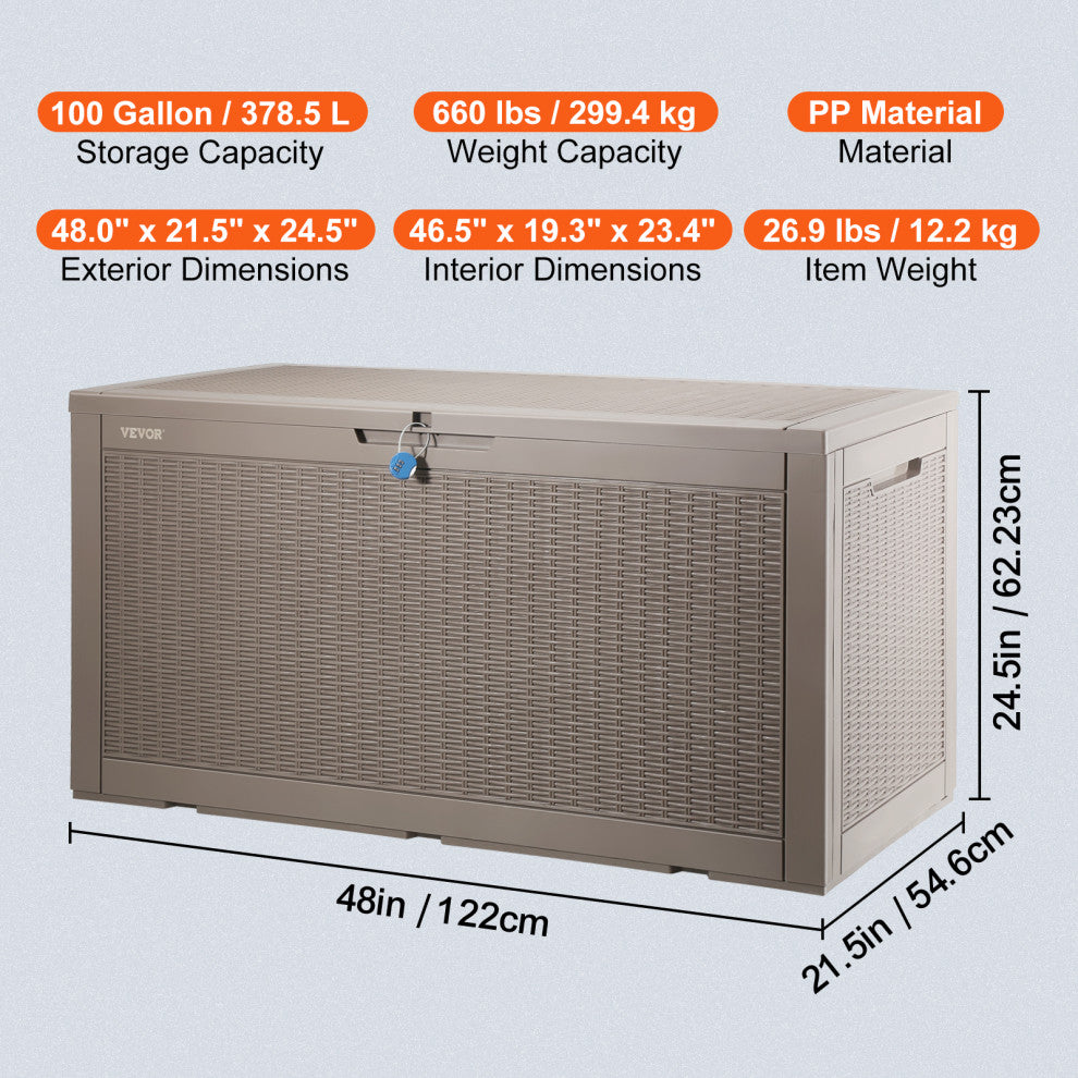 VEVOR Deck Box Indoor Outdoor Storage Box 100 Gallon Resin for Cushions Toys