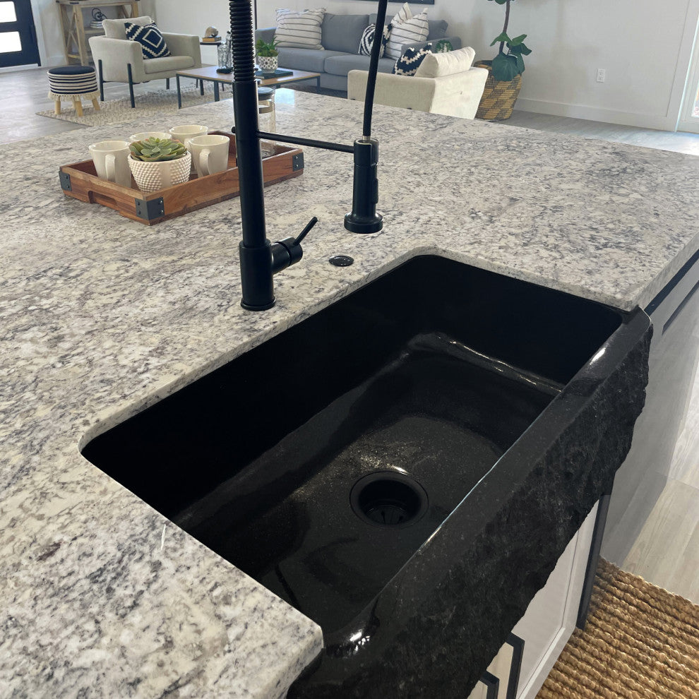 Single Bowl Kitchen Sink, Black Granite With Natural Chiseled Apron
