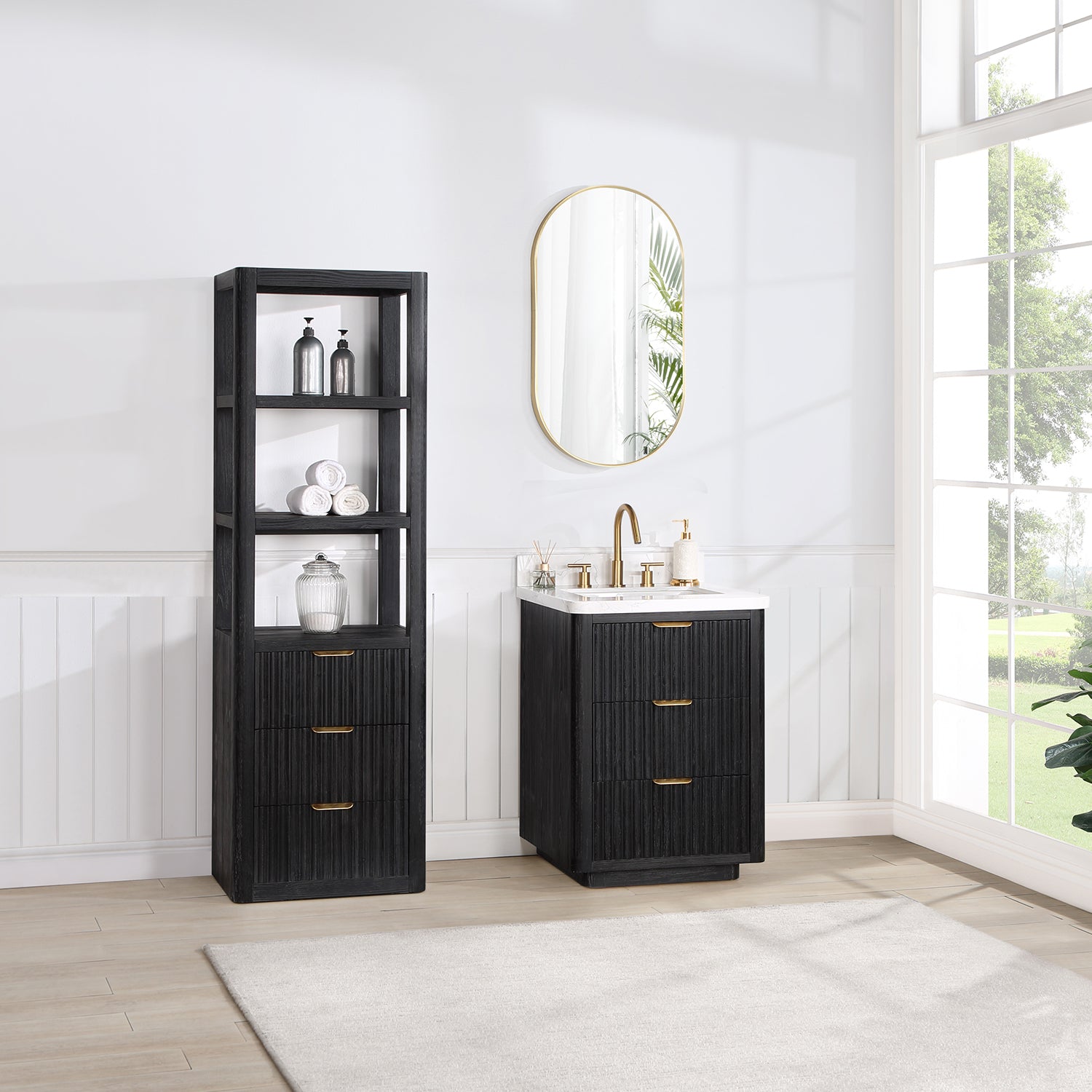 Vinnova Cadiz Bath Vanity, Composite Stone Top, Black, 24", With Mirror