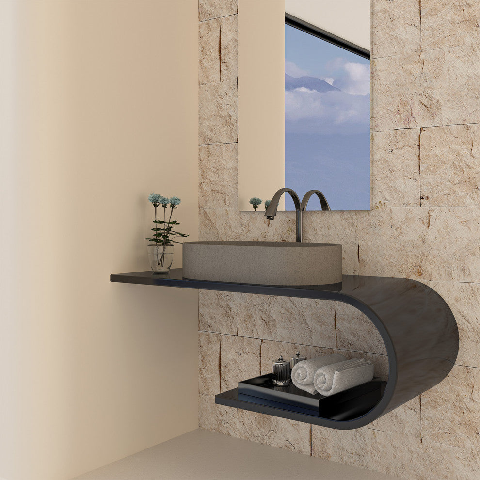 23in Bathroom Concrete Oval Vessel Sink with Drainer, Mottled Bluish Grey