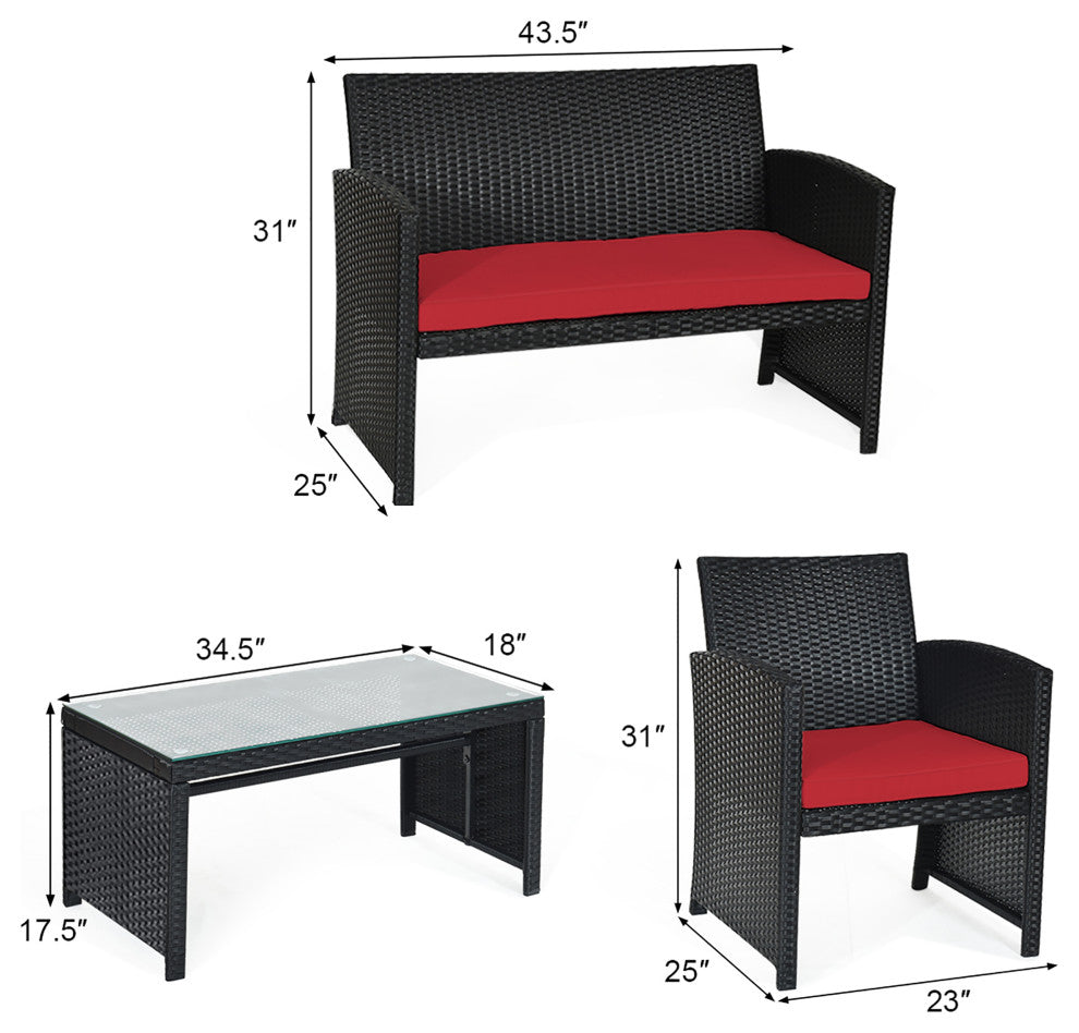 4PCS Patio Rattan Furniture Conversation Set Cushion Sofa Table Garden Red