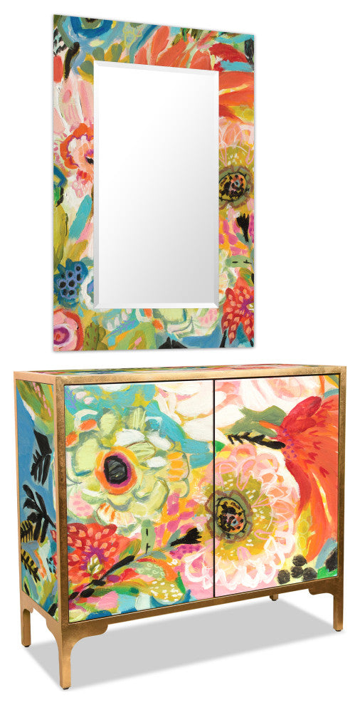Secret Garden Floral III Cabinet and Mirror Set on Beveled Art Glass