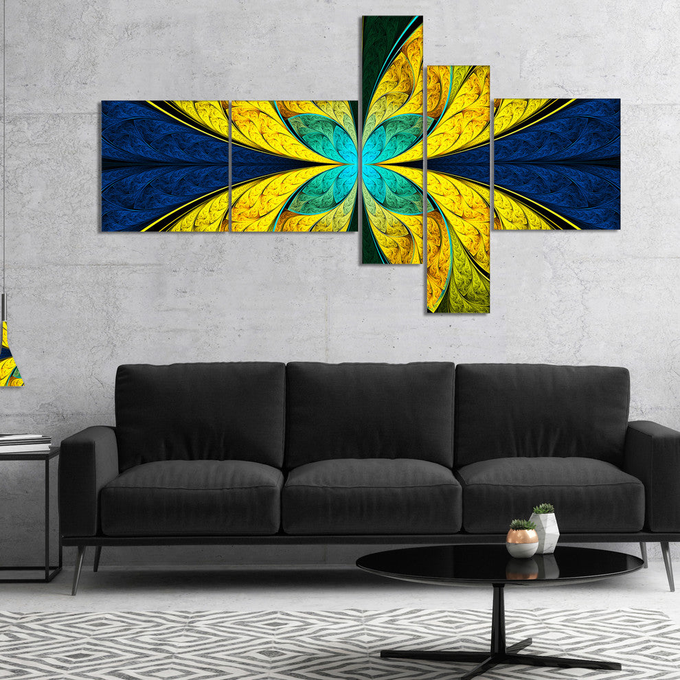 Bright Yellow Blue Fractal Flower, Floral Canvas Art Print, 60"x32", 5 panels