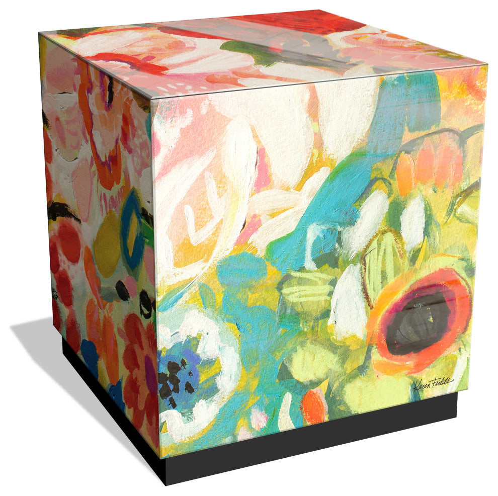 "Secret Garden Floral III" Printed Art Glass Side Table with Black Plinth Base