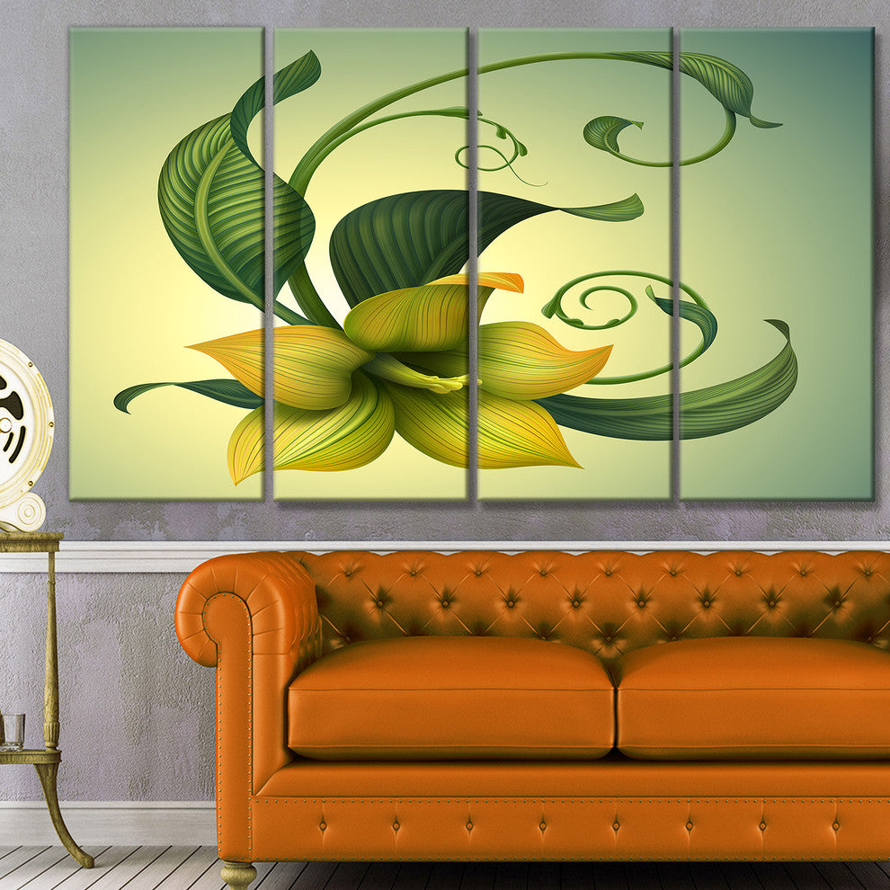 Yellow Fantasy Flower, Floral Canvas Art Print, 48"x28", 4 Panels