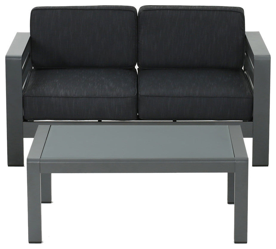 GDF Studio Cybele Doris Outdoor Aluminum Loveseat and Coffee Table Set, Gray/Dark Gray