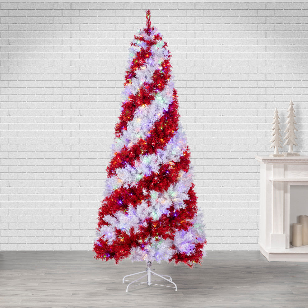 7.5' Candy Cane Swirl Pine Tree With Warm White and Multicolor LED Lights