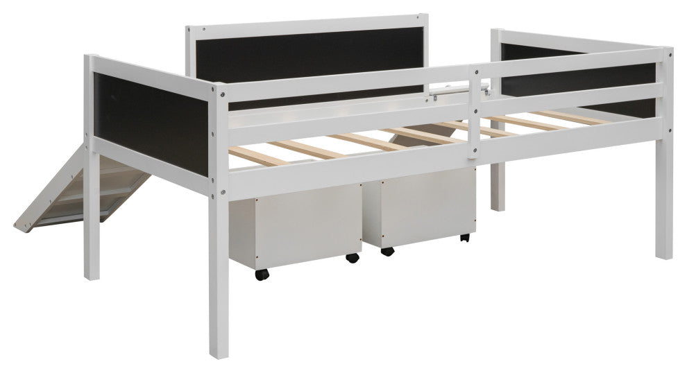 Gewnee Wood Twin Loft Bed with Two Storage Boxes and Slide in White