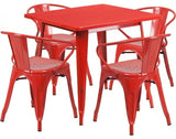 Commercial Grade 31.5" Square Red Metal Indoor-Outdoor Table Set, 4 Arm Chairs