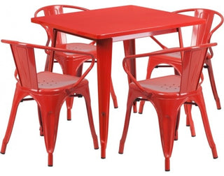 Commercial Grade 31.5" Square Red Metal Indoor-Outdoor Table Set, 4 Arm Chairs