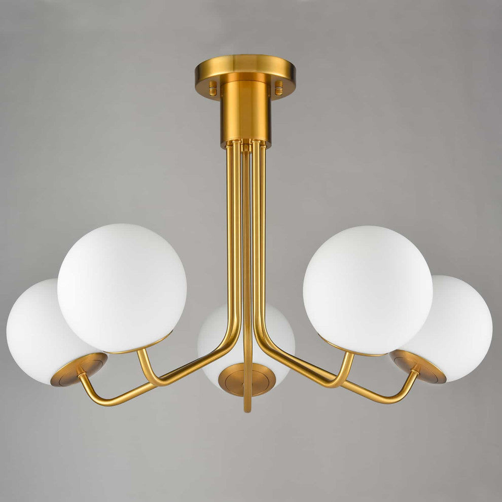 Mid-Century Modern Gold Ceiling Light Globe Chandelier, 5-Light