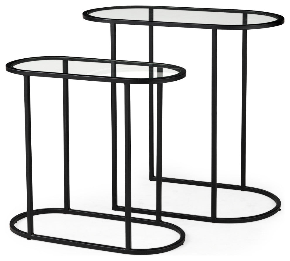 Celine Set of Two Black/Silver Metal and Glass Nesting Accent Tables