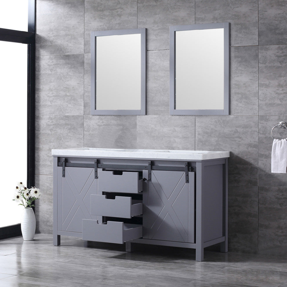 Marsyas 60" Dark Gray Double Vanity Carrara Marble Top Sinks, 24" Wall Mirrors