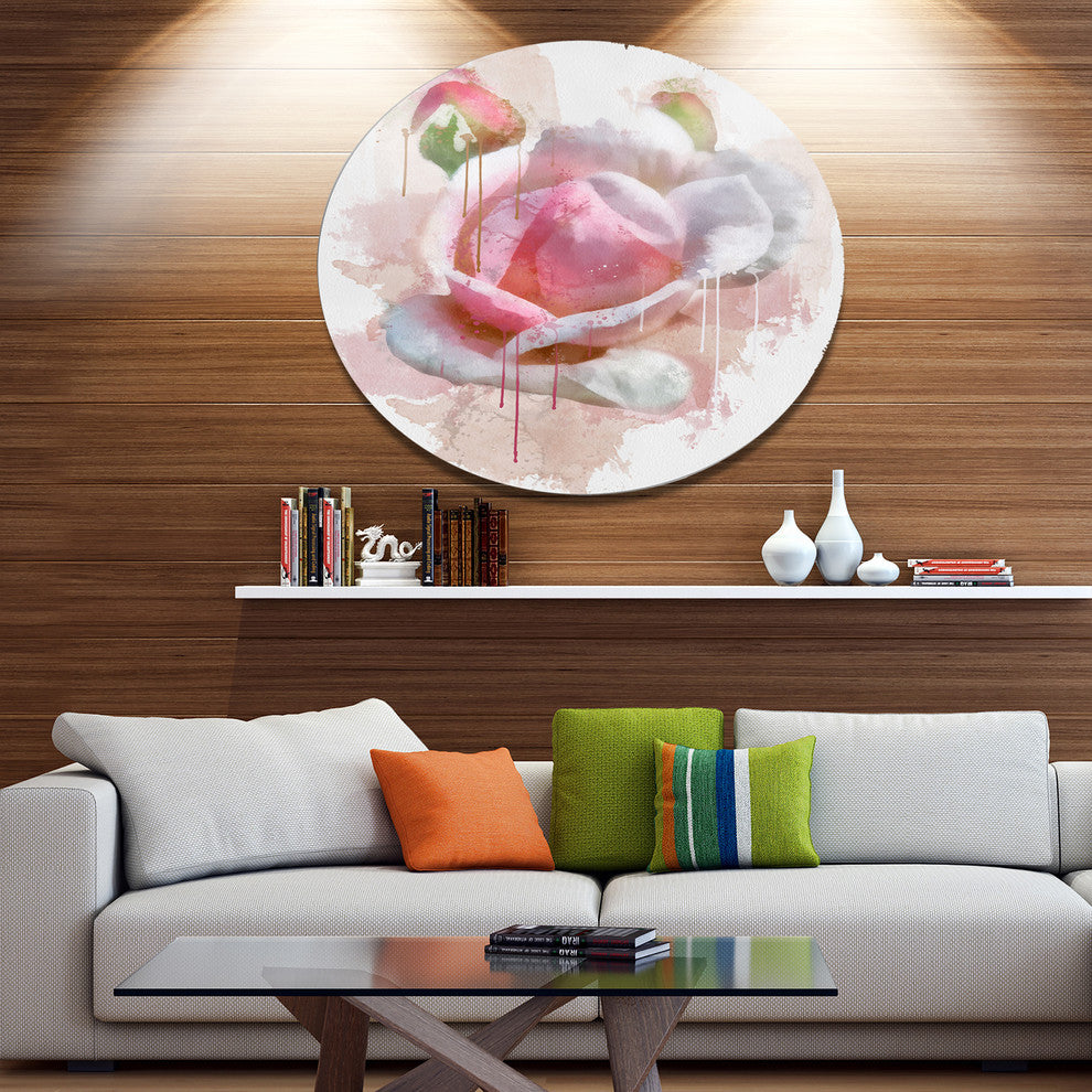 Pink Rose Flower With Paint Splashes, Floral Round Wall Art, 11"