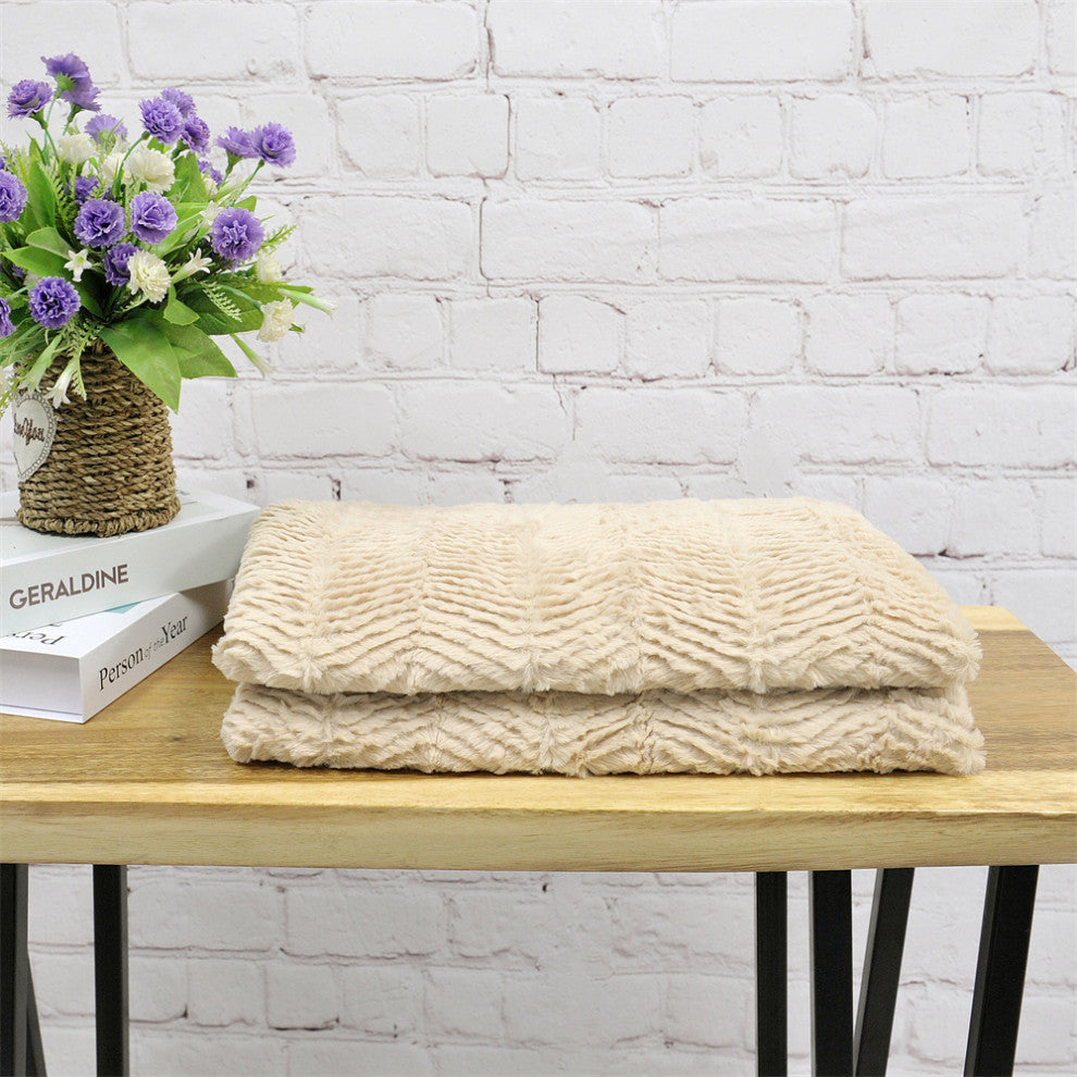 Herringbone Jumbo Over-Size Faux Fur Throw Blanket, Beige, 60" X 80"