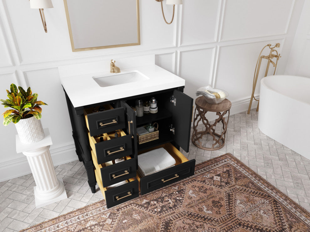 Aberdeen 36 Center Sink Bath Vanity In Black 2" Calacatta Black