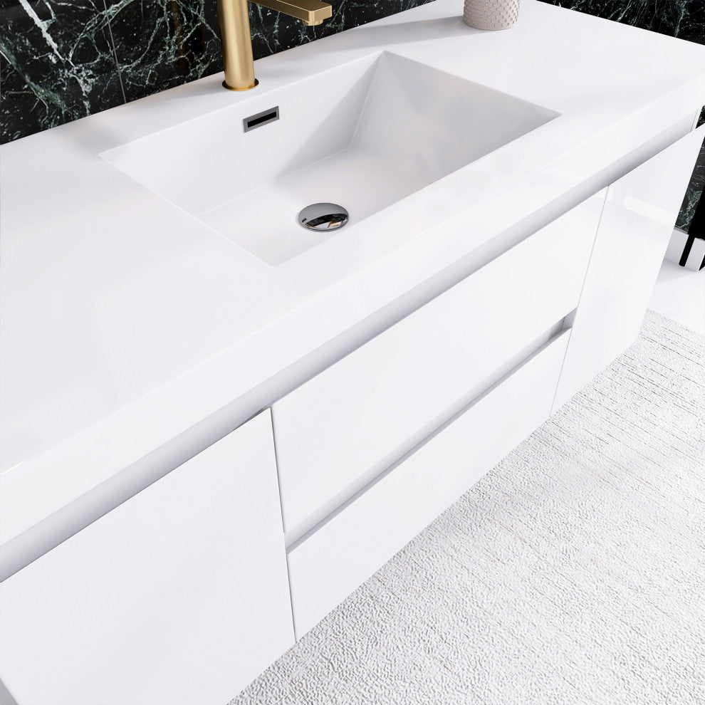 Wall-Mounted Bathroom Vanity with Integrated Resin Sink, White, 48in.