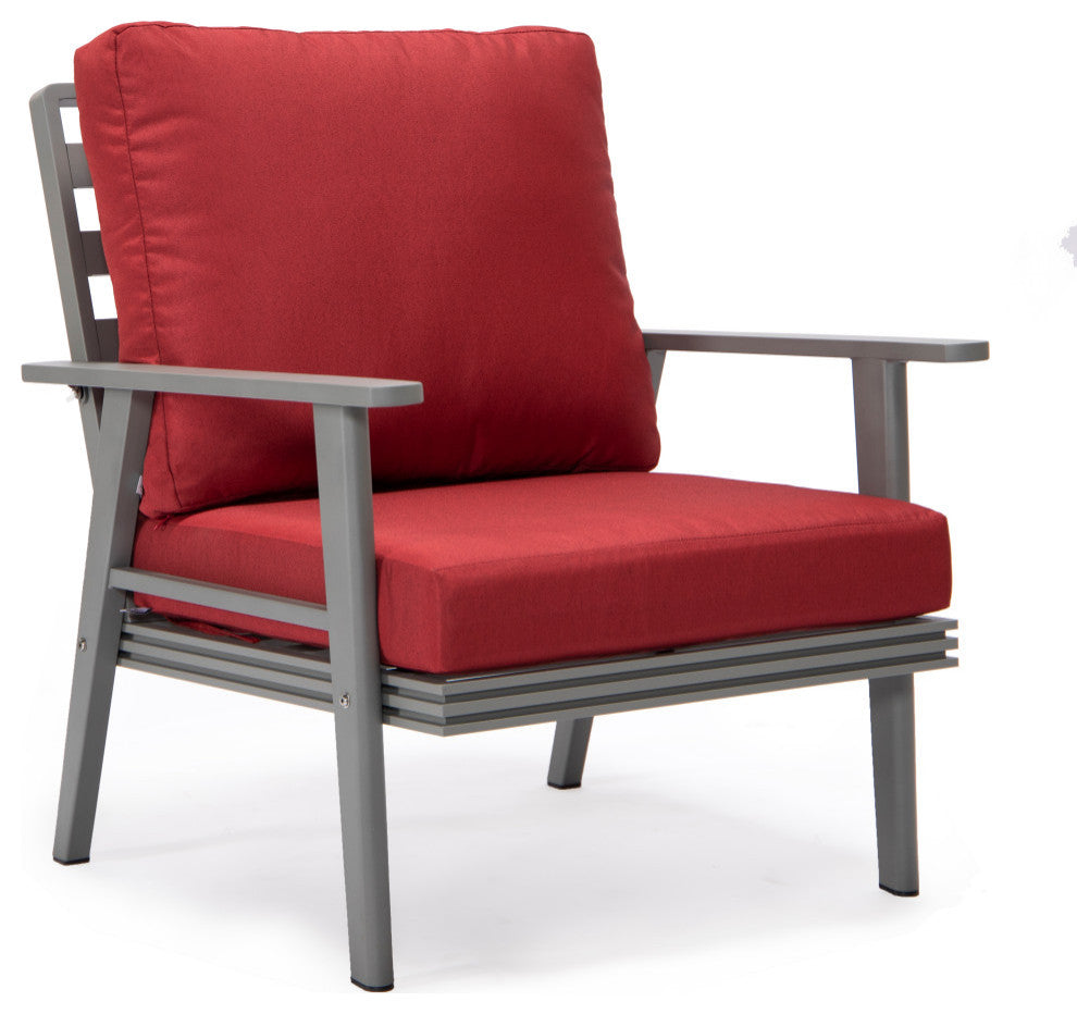 LeisureMod Walbrooke Patio Sofa Set With Round Fire Pit Table, Red