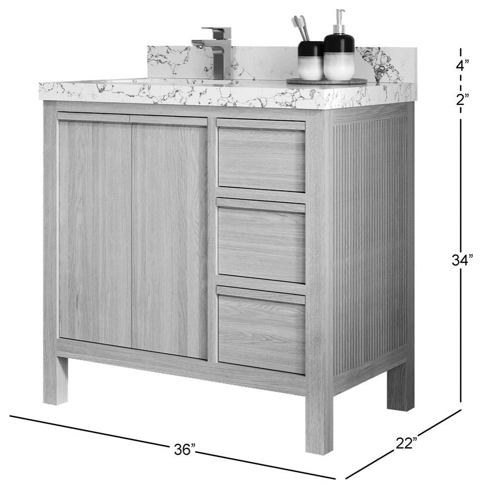 Elizabeth Oak 36" Left Offset Sink Vanity, White 2" Piatra Gray