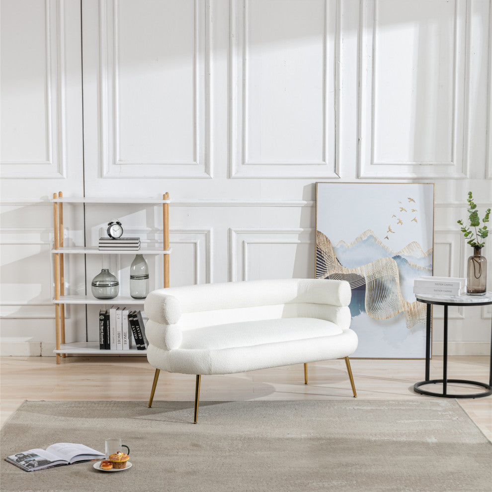 53" Round Arm Settee with Metal Legs, White, 53"