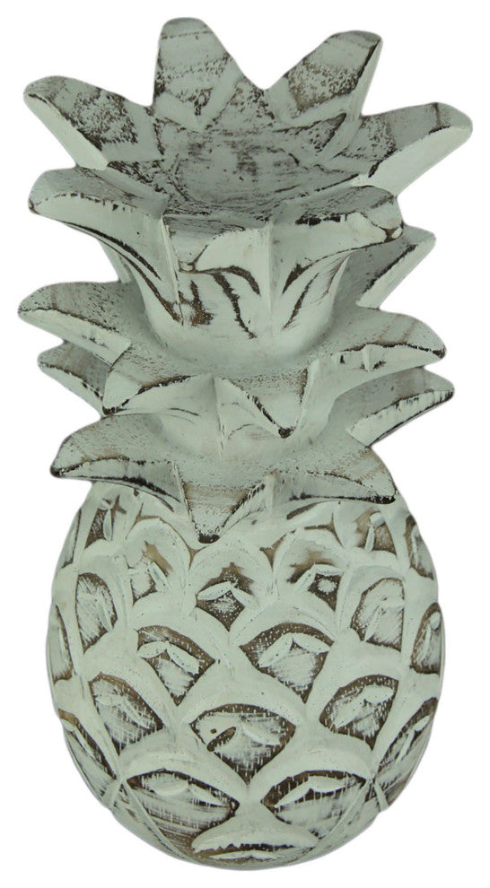 Distressed White Carved Wood Tropical Pineapple Decor Statue