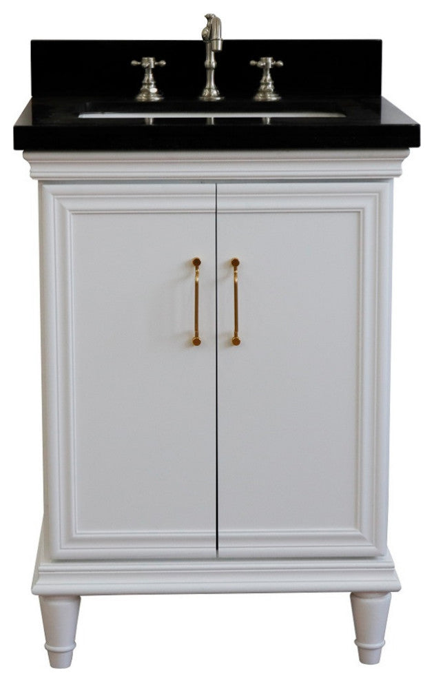 25" Single Vanity, White Finish With Black Galaxy And Rectangle Sink