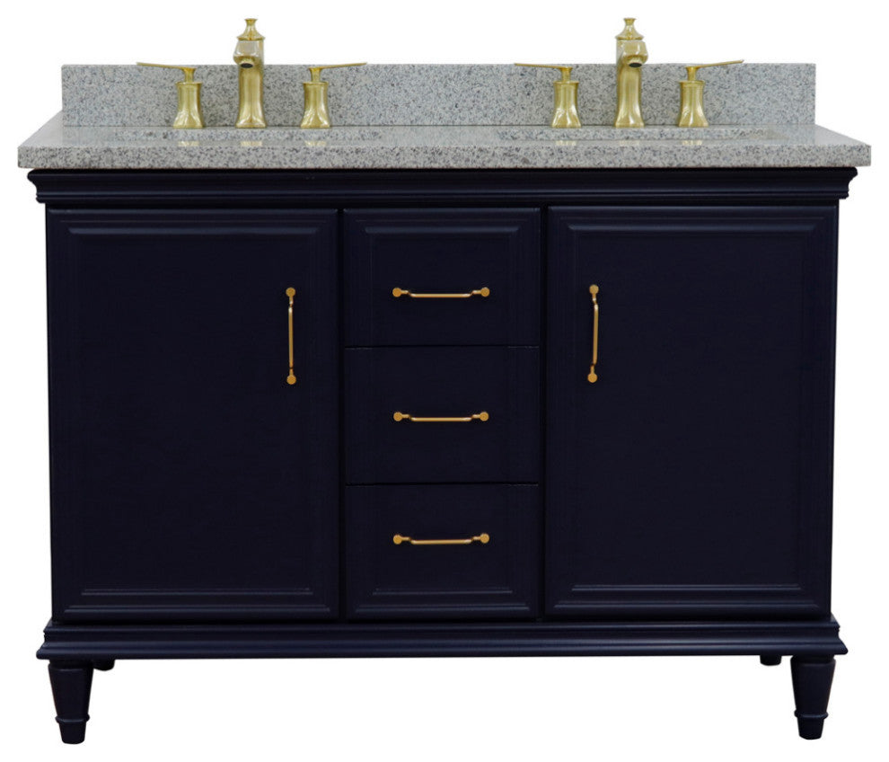 49" Double Vanity, Blue Finish With Gray Granite And Rectangle Sink