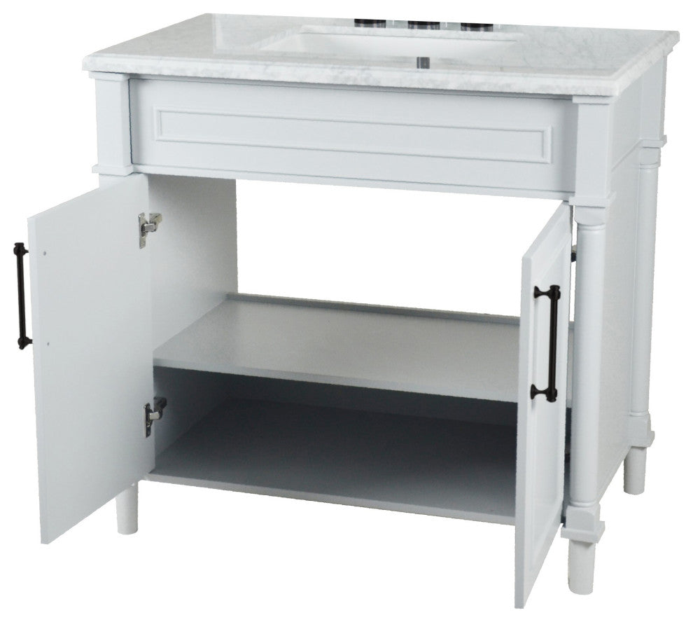 36" Single Vanity, White With White Carrara Marble Top