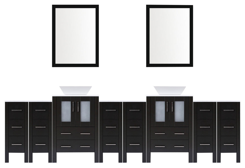 Modern Vanity Set With Two Sink Bases With Mirrors and Six Drawer Bases, Espress