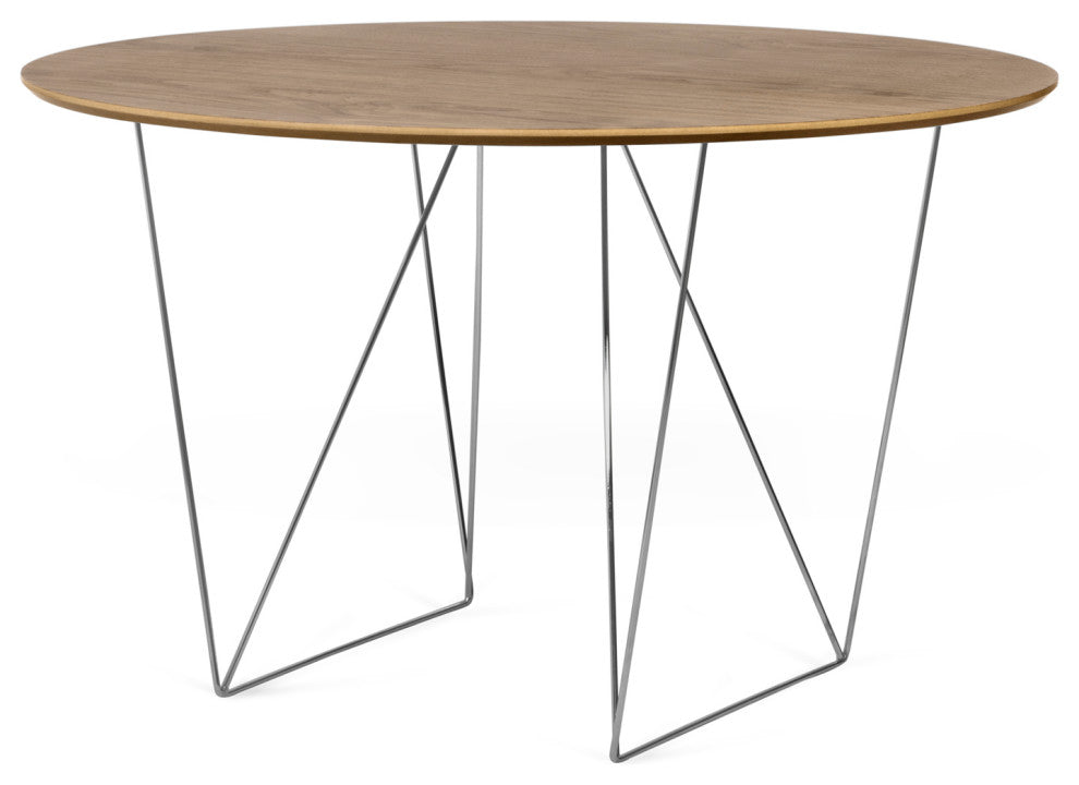 Round Contemporary Wood Top Dining Table, Walnut Top/Chrome