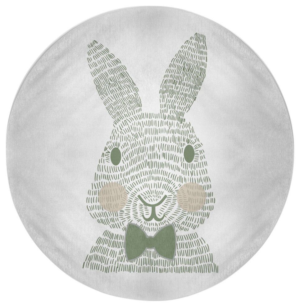 Monochrome Bunny Easter Chenille Rug, Laurel Tree Green, 5' Round
