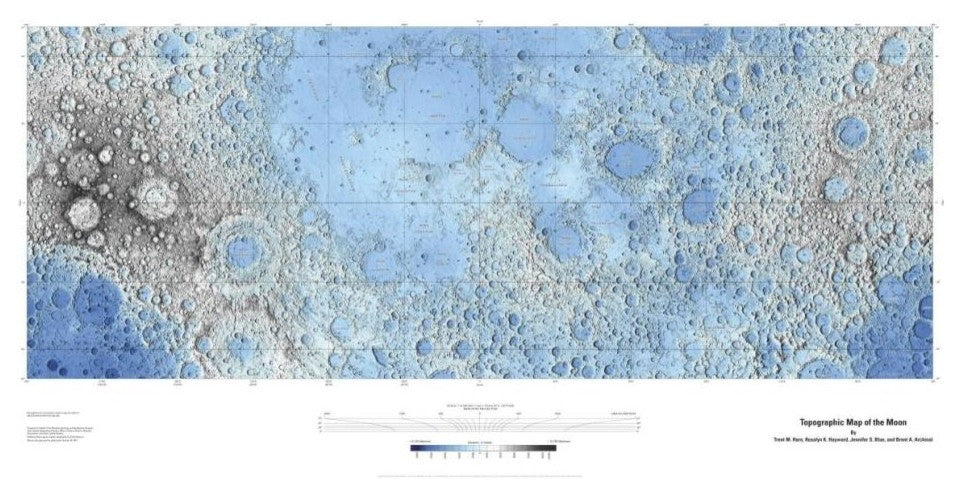 "Decorative Topographic Map of the Moon, Projection" Paper Art, 62"x32"