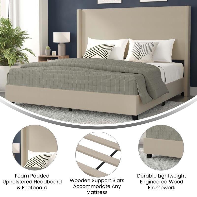Quinn Upholstered Platform Bed with Channel Stitched Wingback Headboard, Beige, King