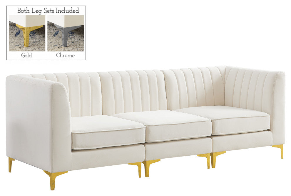 Alina Velvet Upholstered 3-Piece Modular Sofa, Cream
