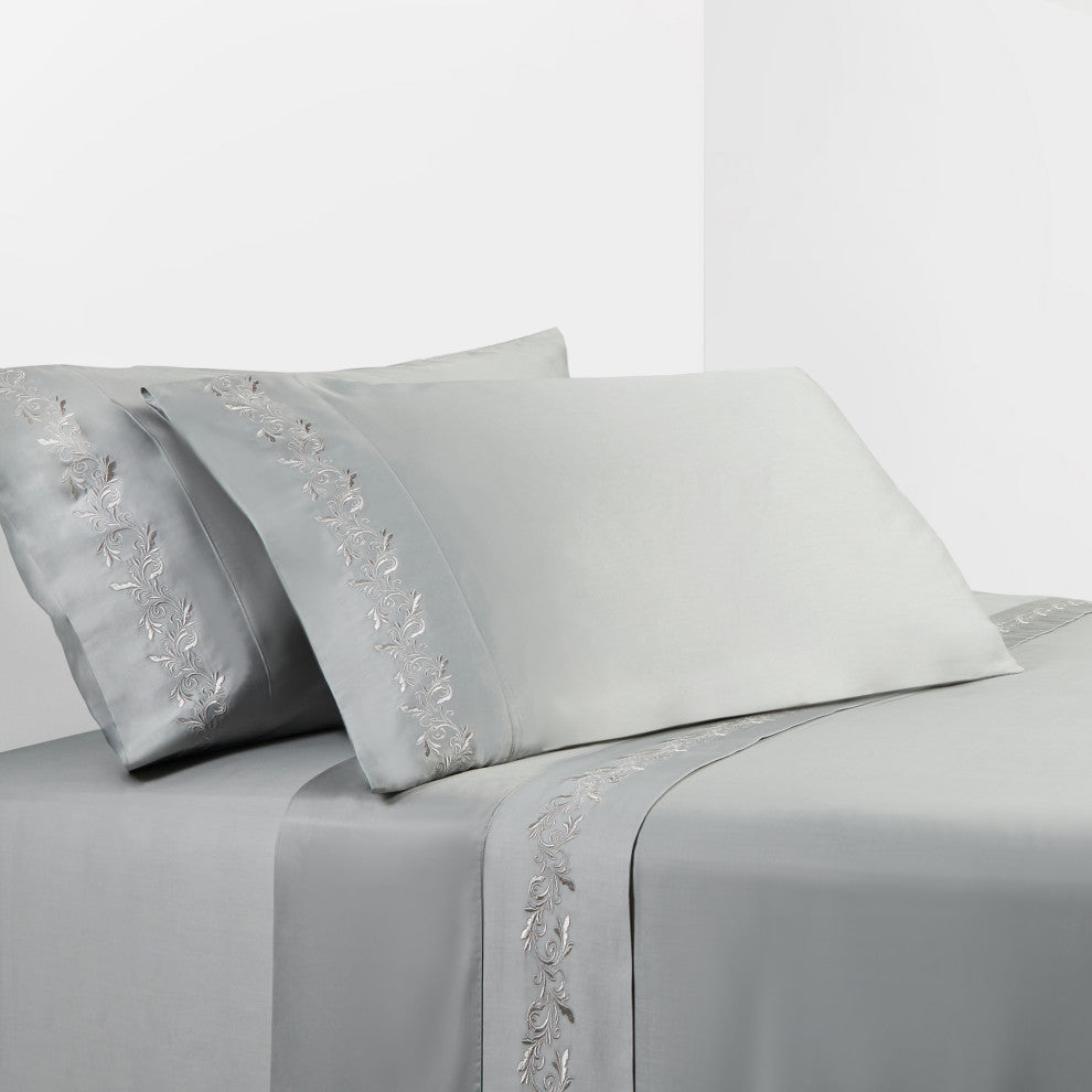 350 TC Gray Sheet Set With Gray Scroll Embroidery, Queen