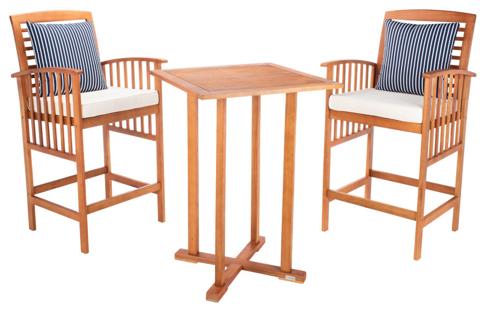 Safavieh Pate 3-Piece Bar Outdoor Bistro Set, Natural/Beige/Navy