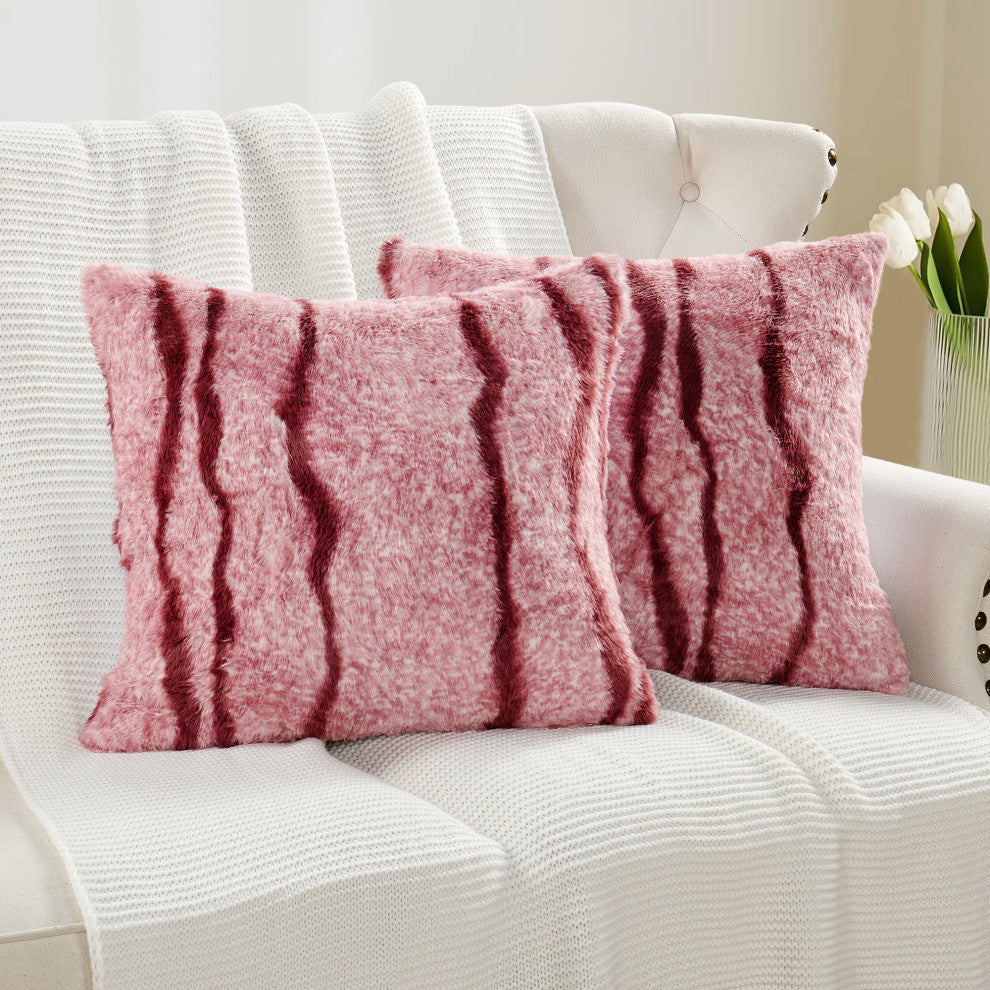Finch Stripe Faux Fur 2 Piece Pillow Shell Sets, Woodrose, 20" X 20"