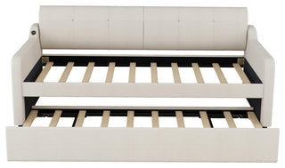 Gewnee Twin Upholstered Daybeds with Trundle and USB Charging,Beige