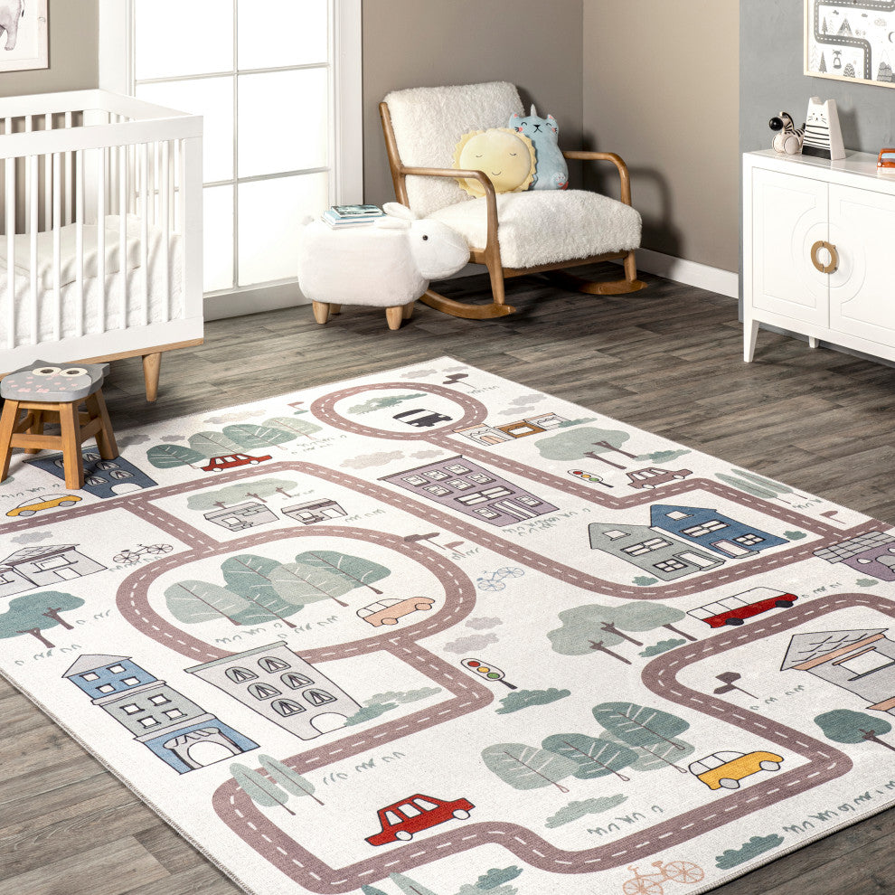 Nuloom Chalea Kids Town Machine Washable Area Rug, White Multicolor 5'x8'