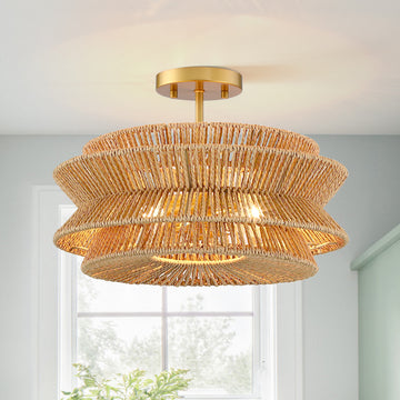 16" 2-Light Bohemian Woven Rope Semi-Flush Mount Ceiling Light