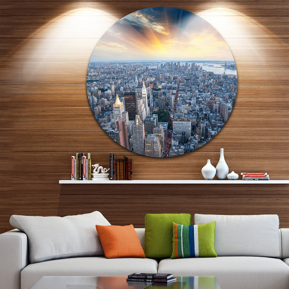 Aerial View Of Nyc Skyscrapers, Cityscape Round Metal Wall Art, 11"