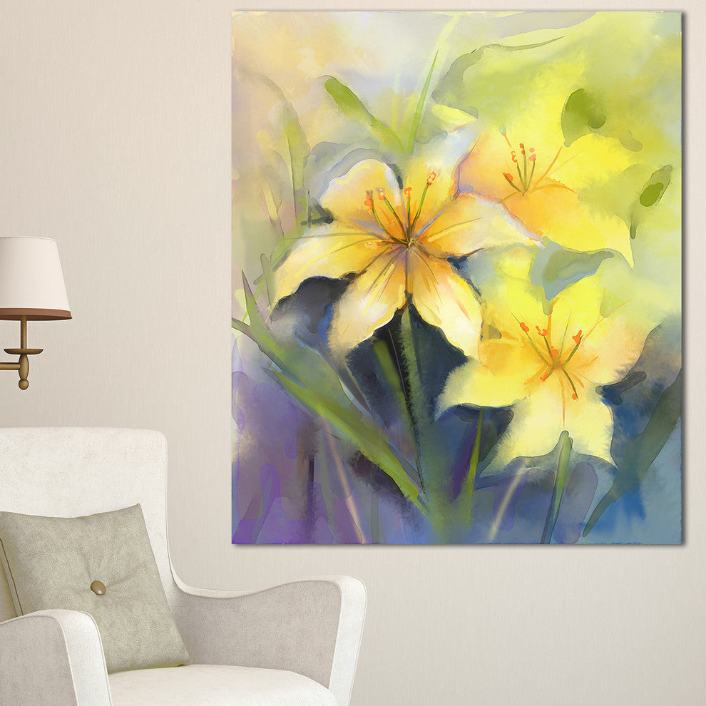 Watercolor Painting Yellow Lily Flower, Large Floral Canvas Artwork, 30"x40"