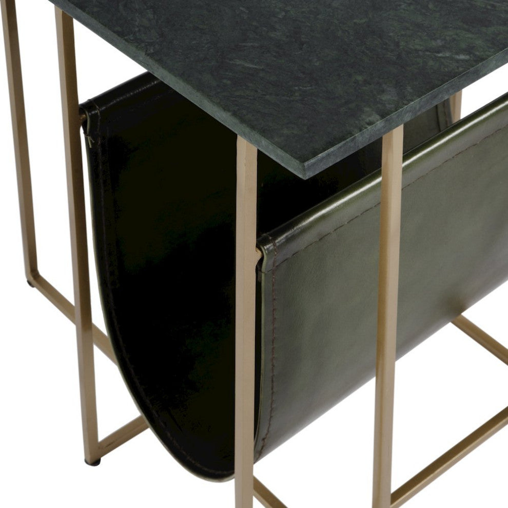 Stephanik 20.25"W Rectangular Marble/Leather Magazine Side Table, Green