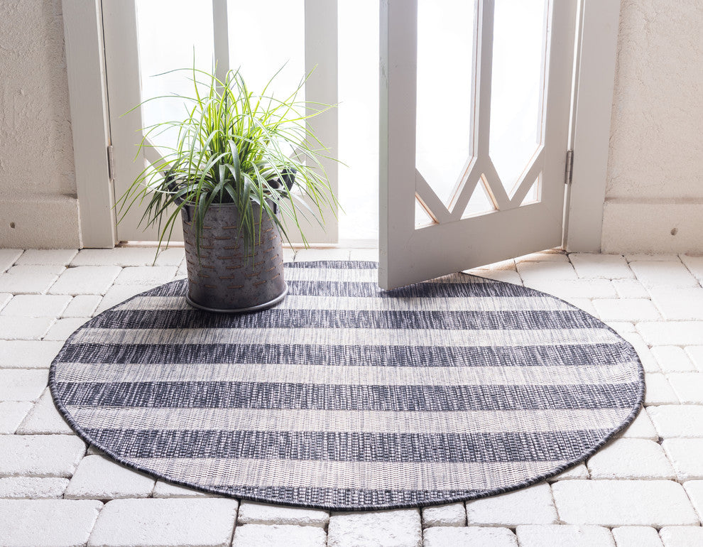 Unique Loom Aqua Blue Striped Outdoor Area Rug, Charcoal Gray, Gray, 4' X 4'