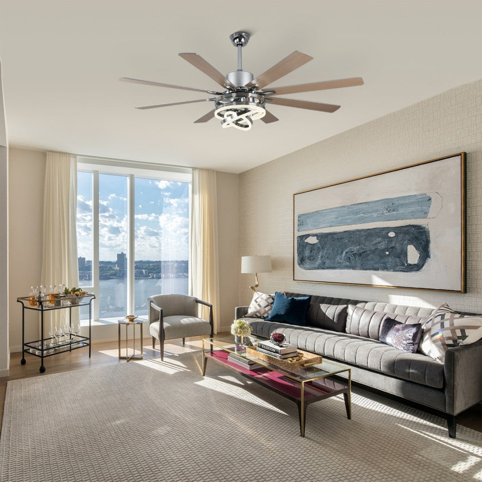 72" Modern 8 Wood Blades Large Ceiling Fan w LED Light, Chrome