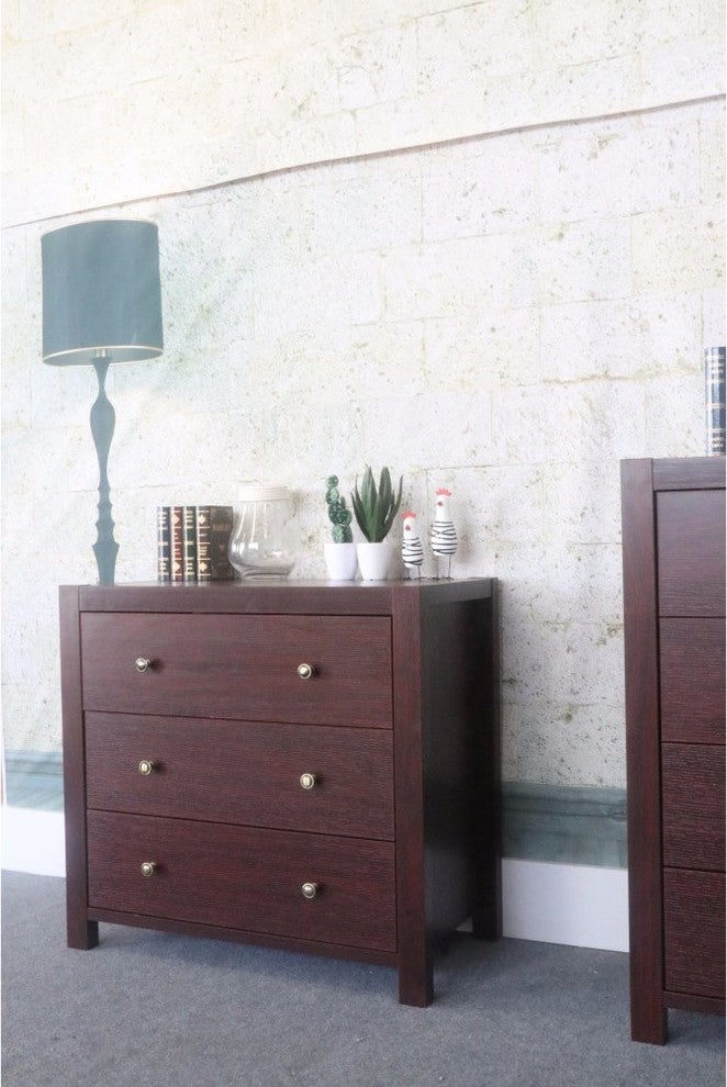Capacious 3 Drawer Storage Chest With Metal Glides, Cherry Brown Finish.
